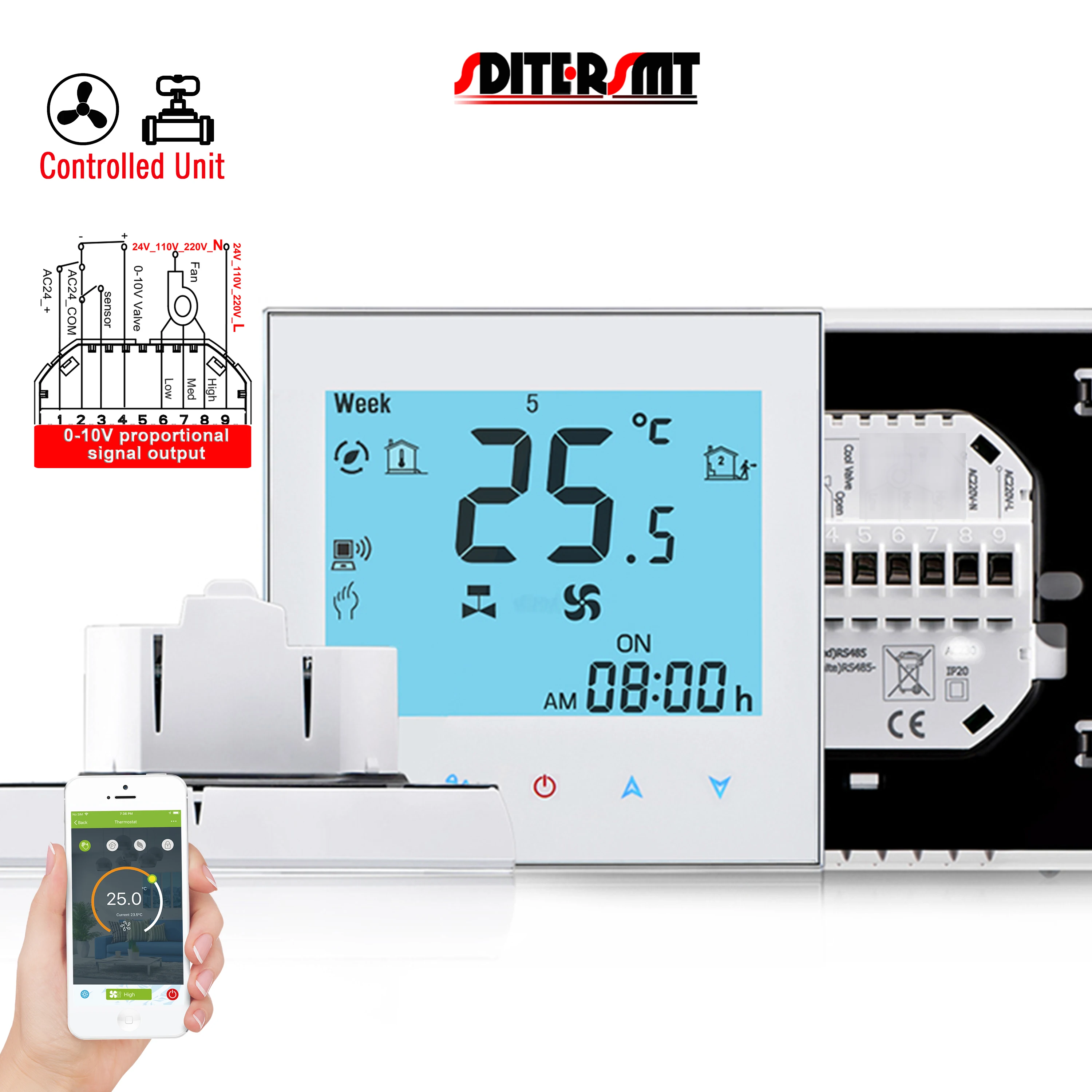 EU 24V Dual Sensor RS485/WIFI THERMOSTAT 2-Tube Fan Coil with 3-Speed Dry Contact Output and  0-10V Proportional Valve Control