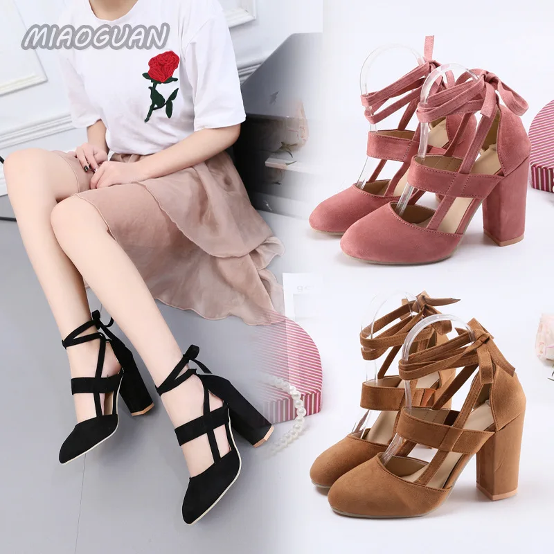 Women Heels Large Size Women\'s Shoes Chunky High Heeled Lace Up Casual Pumps Ankle Straps Solid Color Thick Heel Sandals Shoes