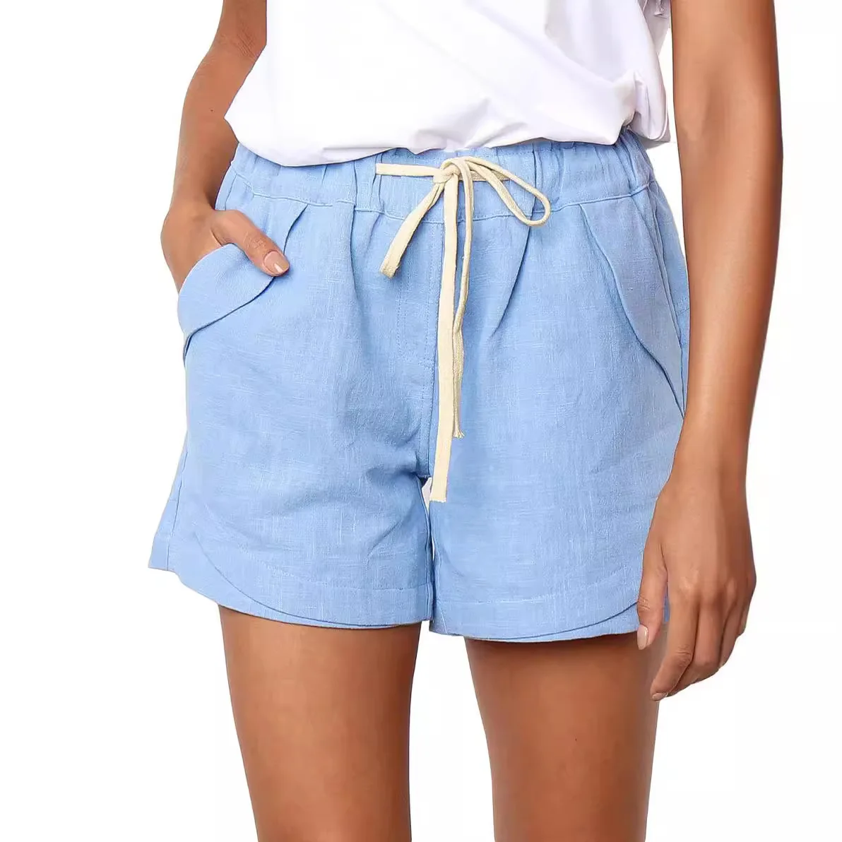 Women 6 Color High Waisted Pants Solid Color Pocket Lace Up Shorts Summer Casual Sports Shorts