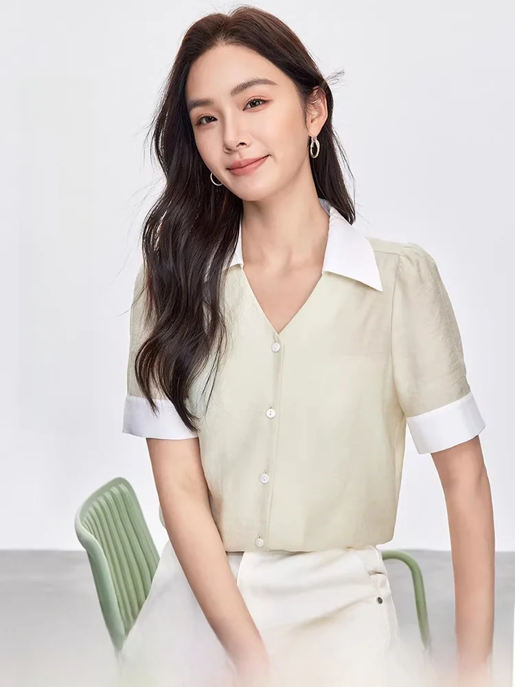 

Стильная женская рубашка из смесовой ткани (шерсть/лиоцелл) с плиссированными рукавами-фонариками и цветовыми блоками, для повседневной носки, из полиэстера.