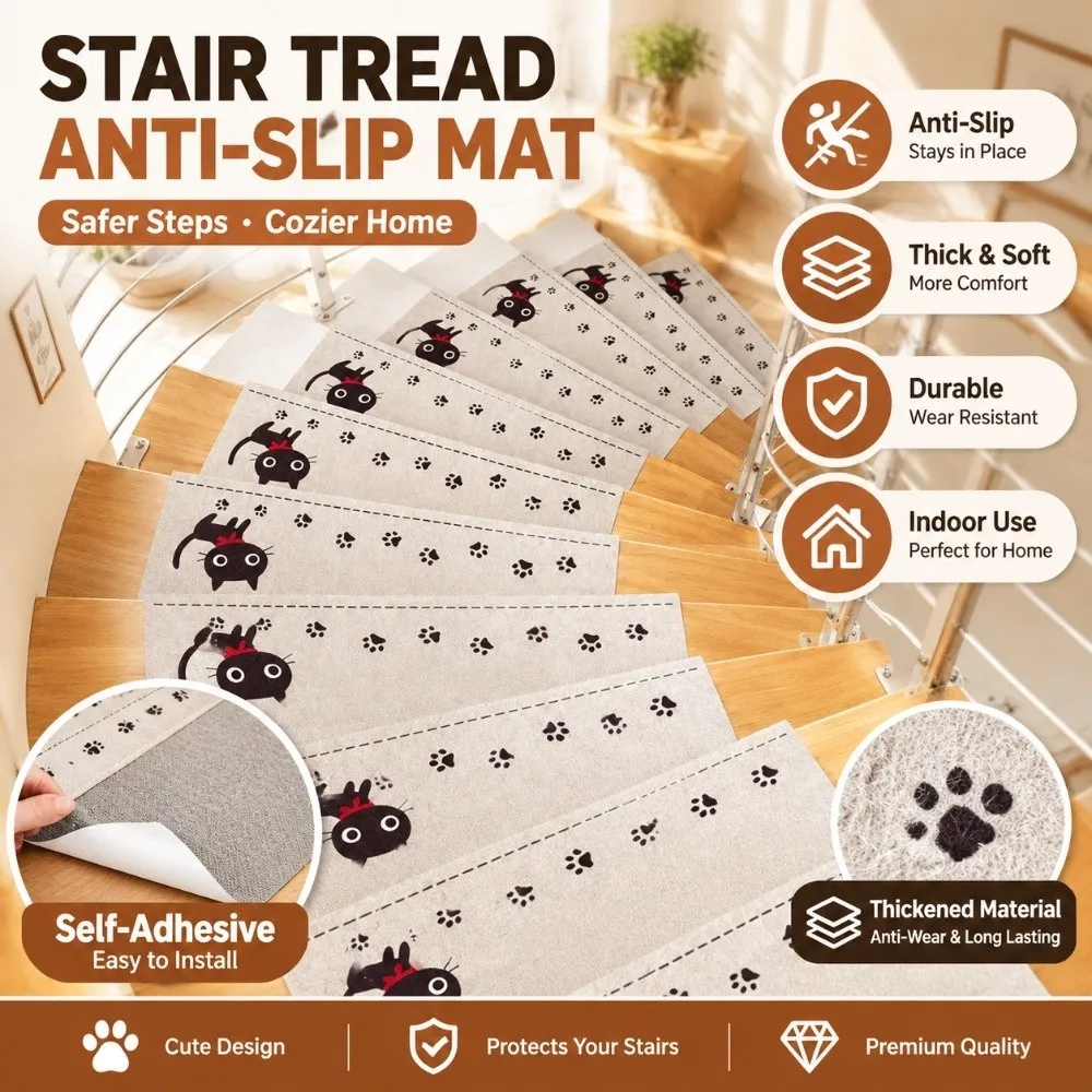 Non Slip Stair Treads for Wooden Steps Self Adhesive Cat Paw Print Carpet Stair Mats Noise Reduction Soft Stair Rugs Pad