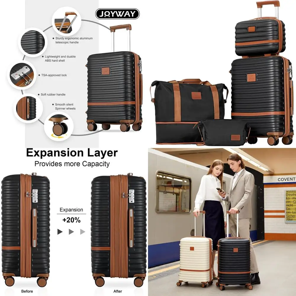 

Расширяемый чемодан-спиннер 20 дюймов с замком TSA, набор из 4 жестких чемоданов в черно-коричневом цвете