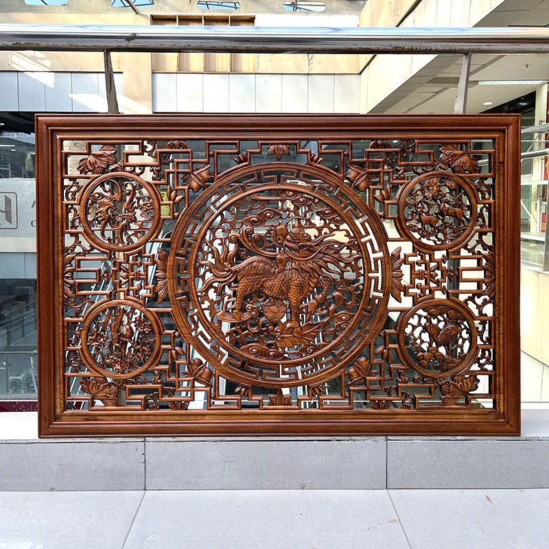 Dongyang wood carving pendant camphor sofa blessing vertical screen Chinese living room horizontal screen background wall wall h