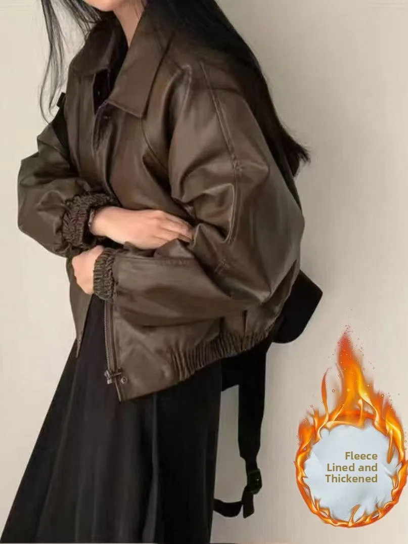 2025 Autumn Winter Thiened Fce Lined PU Leather Jaet Women's Loose ort Outerwear Korean Sle Warm Straight Cut