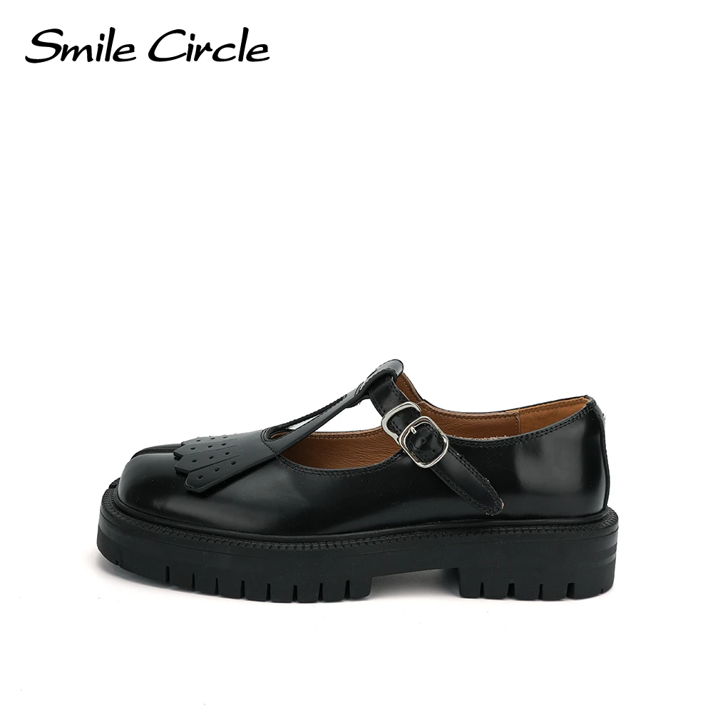 

Smile Circle Women's Flats Cowhide Black Platform Flats Fashion Sheepskin Casual Flat Shoes