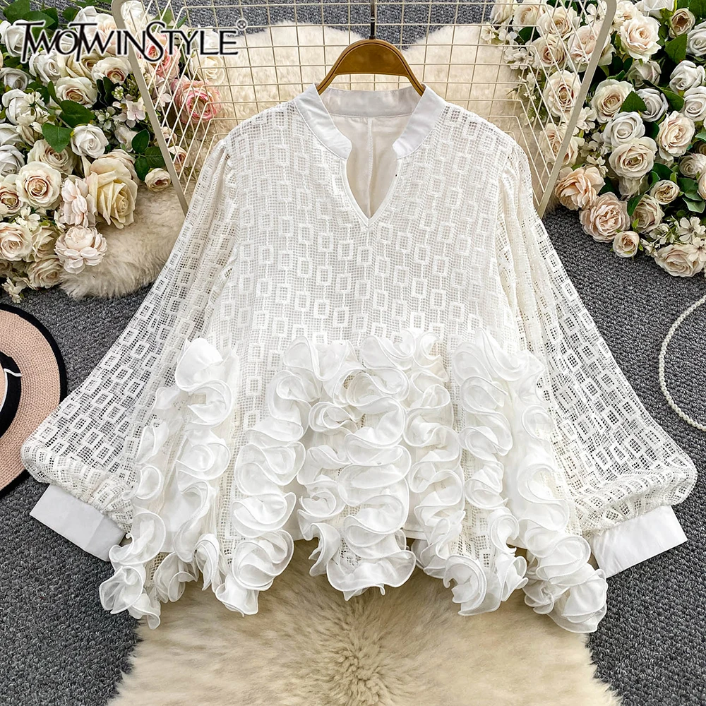 

TWOTWINSTYLE Cute Solid Loose Folds Short Blouses For Women Round Neck Long Sleeve Temperament Shirts Female Fashion KBL547052