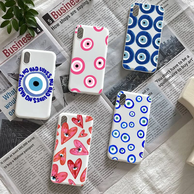 Lucky Eye Blue Evil Eye Print Phone Case For iPhone 15 14 13 12 11 Pro Max X XS XR SE 7 8 Plus Cover Funda White Color Bag