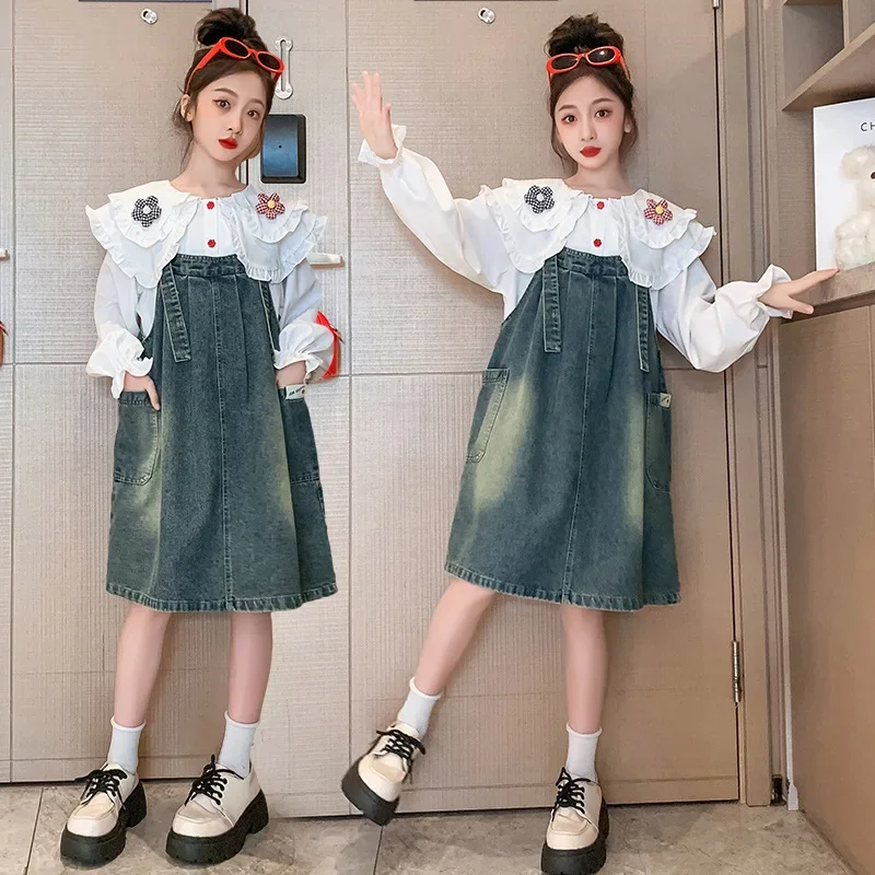 

Korean Spring Autumn Children Girl 2pcs Clothes Set Junior Girl Flower Lapel Long Sleeve Tops+denim Suspender Skirt Set For Girl