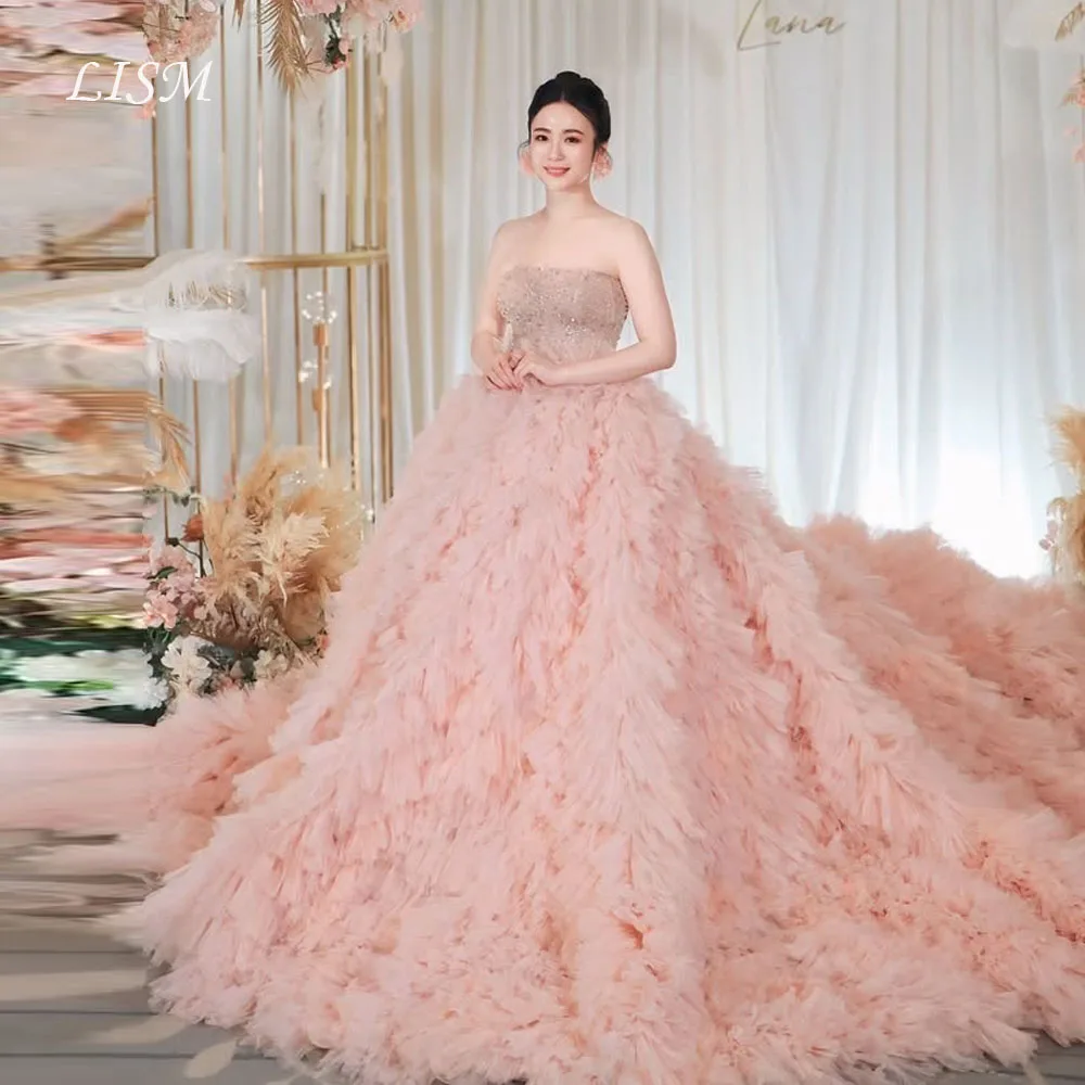 

LISM Pink Strapless Beads A-Line Fairy Korea Evening Dress Customize Silk Tulle Prom Dress Photo Shoot Corsets Back 저녁 드레스