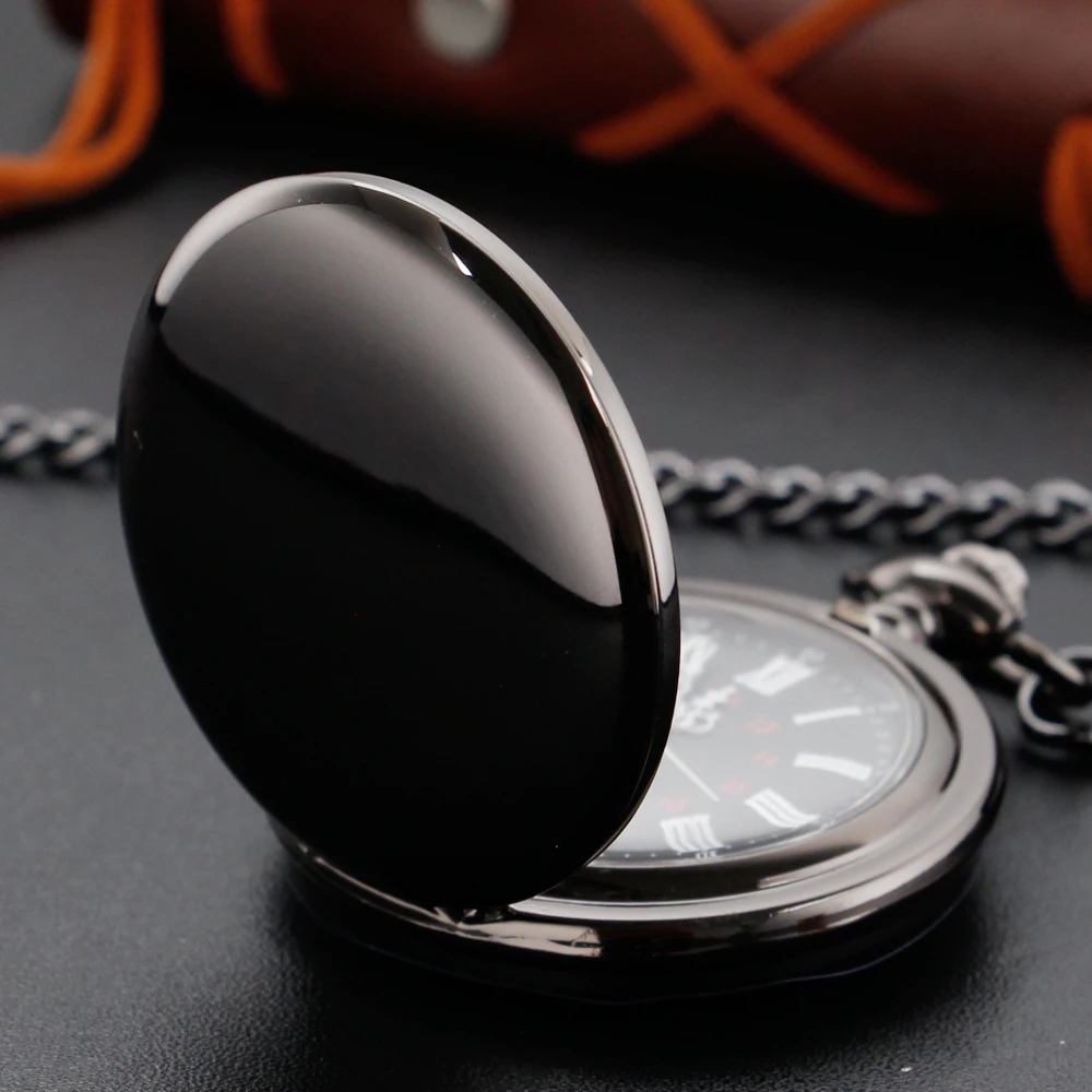 

New Arrival Black Smooth Quartz Pocket Watch Fob Chain Best Gift Men Women Fashion Steampunk Roman Numerals Gift