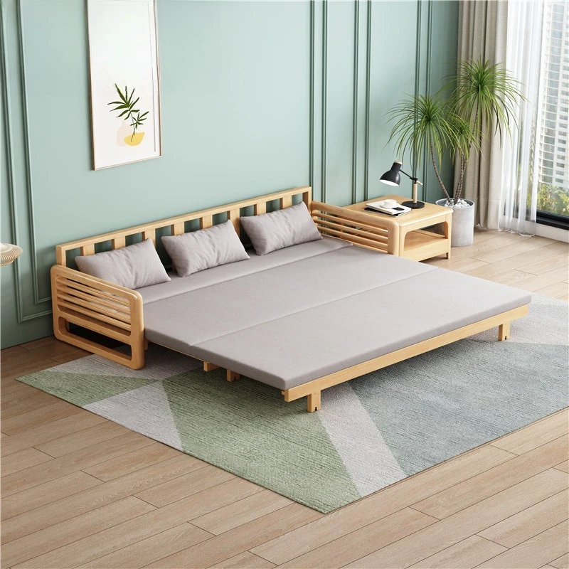 Nordic solid wood sofa, small apartment dual-purpose broaching bed combination, economical living room furniture