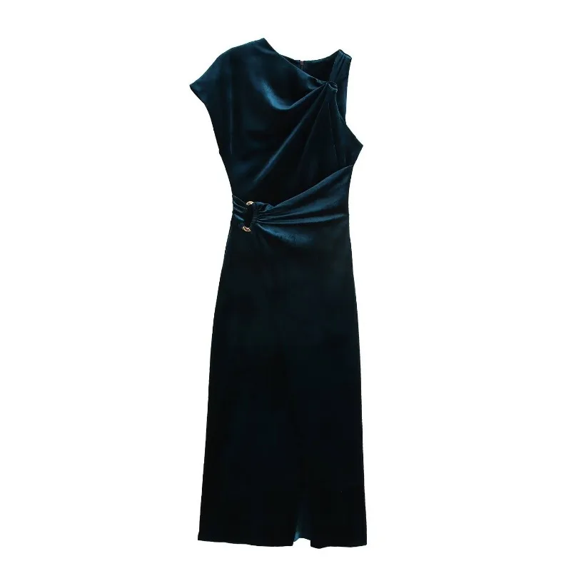 Elegantes One-Shoulder-Party-langes, schmales Kleid für Frauen, Herbst, neue Mode, Damen-Samt, Rundhalsausschnitt, asymmetrische Ärmel, Midikleid