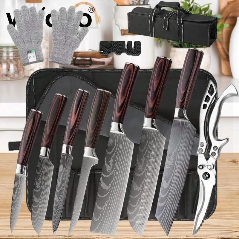 

WXCOO Japanese Kitchen Knives High Carbon Steel Knife Set with Sheath Santoku Butcher Carving Knife Meat Cleaver Boning Knife