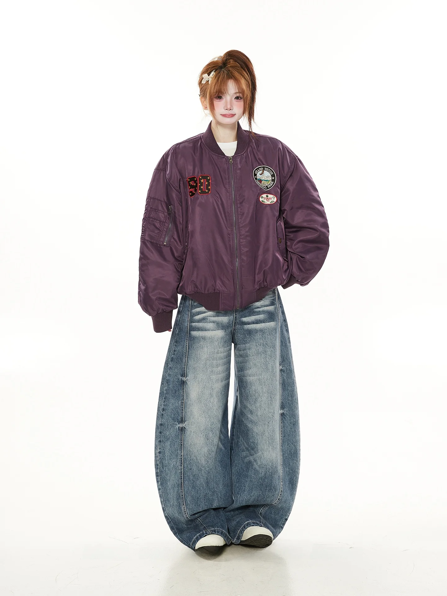 

American Retro Purple Baseball Jaet Women's Autumn Winter Thiened Cotton Outerwear Lazy Sle Couple Cotton Clothes