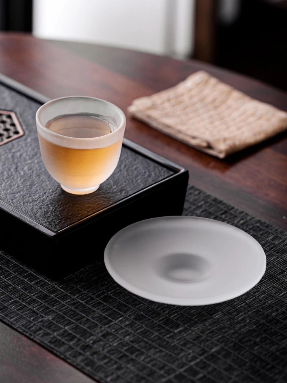 Frosted Glass Teacup With Saucer Set Chinese Style Small Gongfu Tea Cup Matte Transparent Glass Tea Mug High‑Foot Saucer