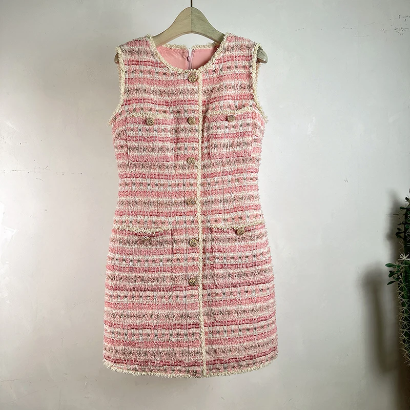 High Quality French Fall Winter Pink Tweed Striped Vest Dress Sweet Women Single Breasted Sleeveless Tank Woolen A Line Vestidos