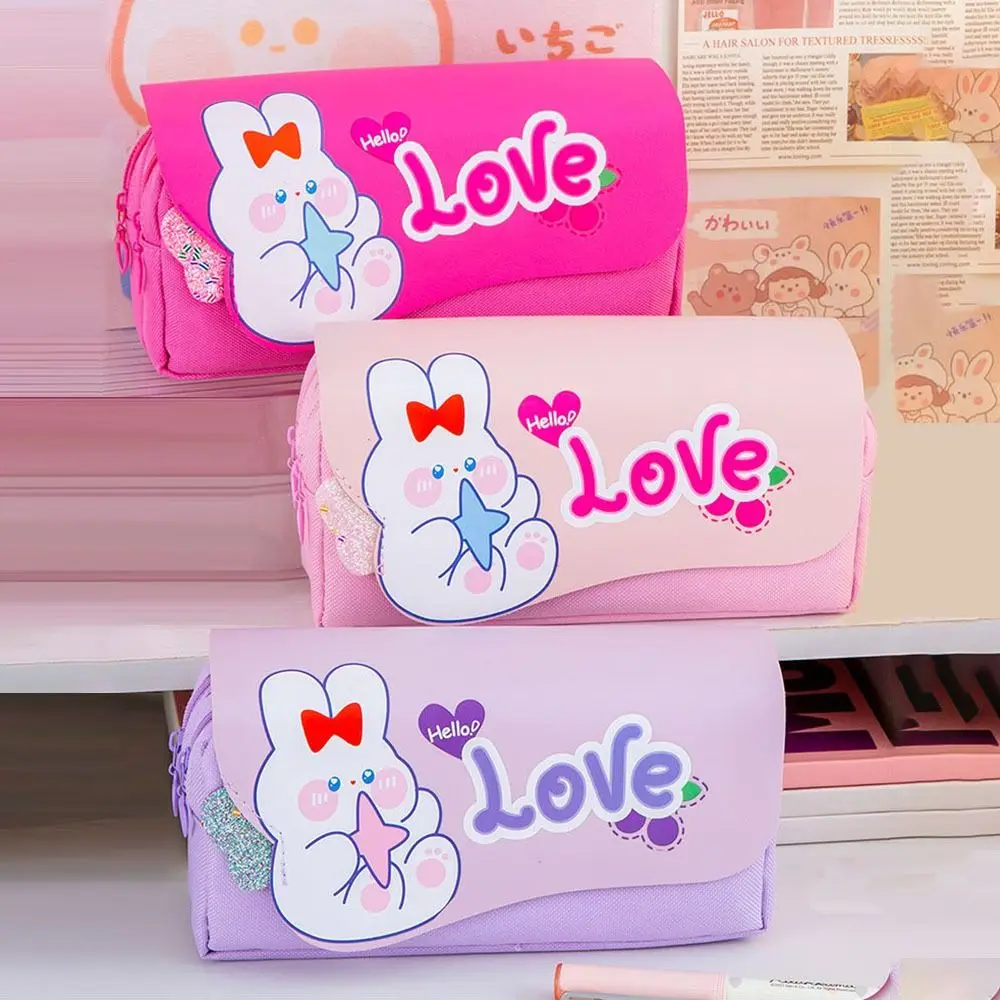 Cartoon Canvas Stationery Storage Bag 3-Layer Multi-function Pen Bag Large-capacity Portable Pen Pouch