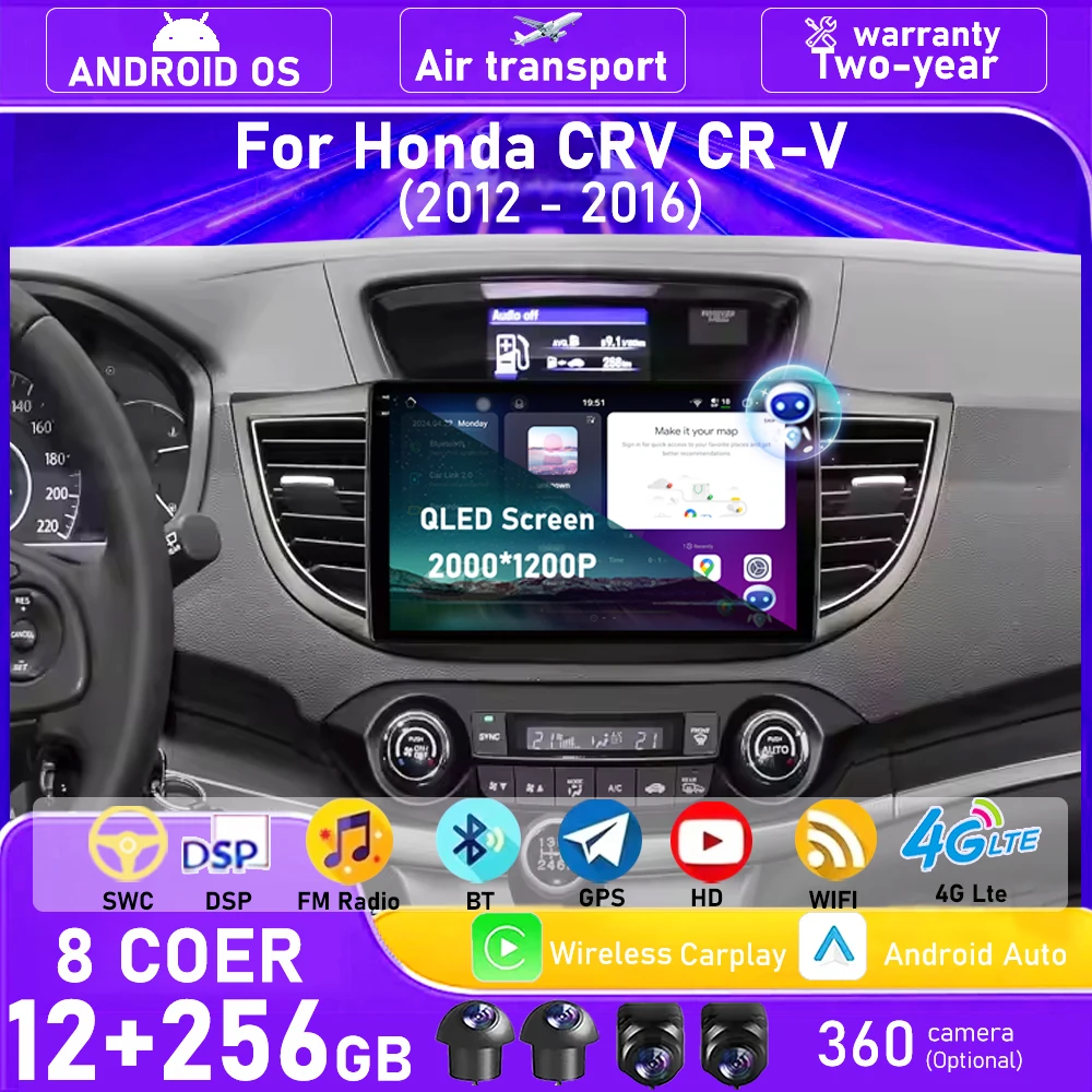 10 Inch For Honda CRV CR-V 2012-2016 Android 16 Auto Car Radio Multimedia Video Player GPS Navigation Stereo Carplay BT DSP WIFI