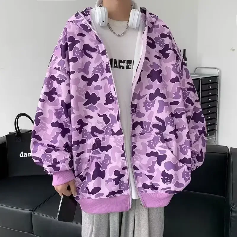 

Korean Fashion Camouflage Devil Print Hooded Jacket Men Hip Hop Streetwear Zipper Hoodies Couple Harajuku Trend Loose Tops Men