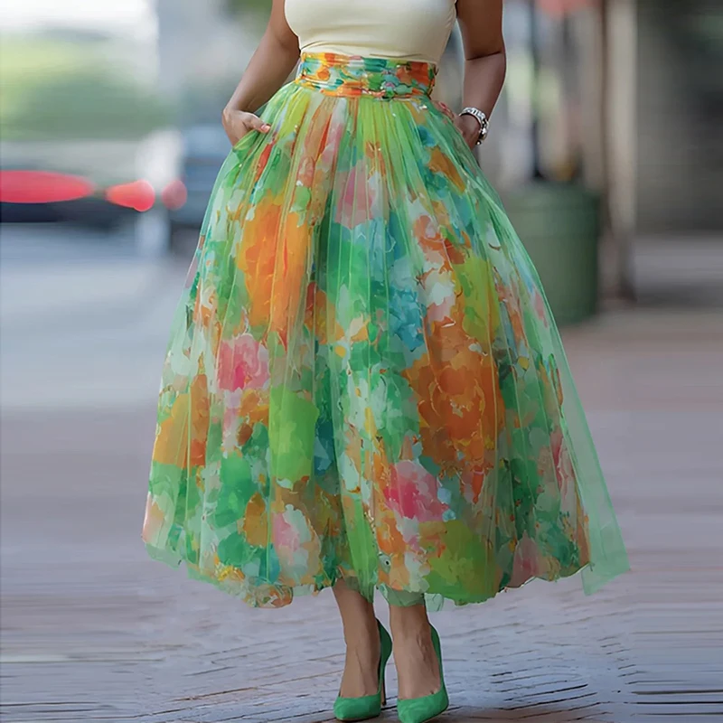

Casual Pocket Mesh Office Large Swing Half Skirt Retro High Waist Pleated Beach Skirt New Fashion Contrasting Printed Half Skirt