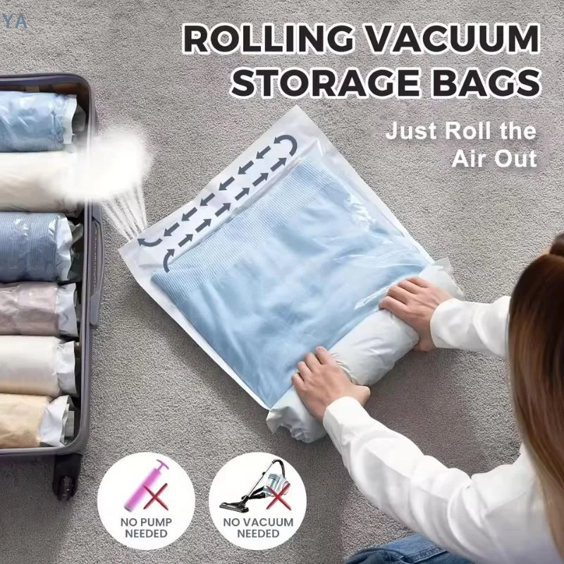 【SA】【AN】2Pcs Vacuum Storage Bags, Hand-Rolled Travel Vacuum Storage Bags For Towels, Socks, Clothes, More , No Pump Needed