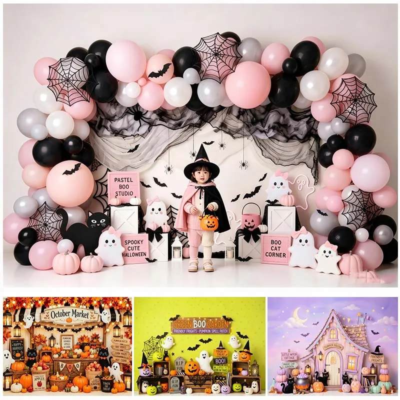 LS Photography Background Spooky Halloween Pumpkin Bat Kids Birthday Party Cake Smash Portrait Decor Backdrop Photo Studio