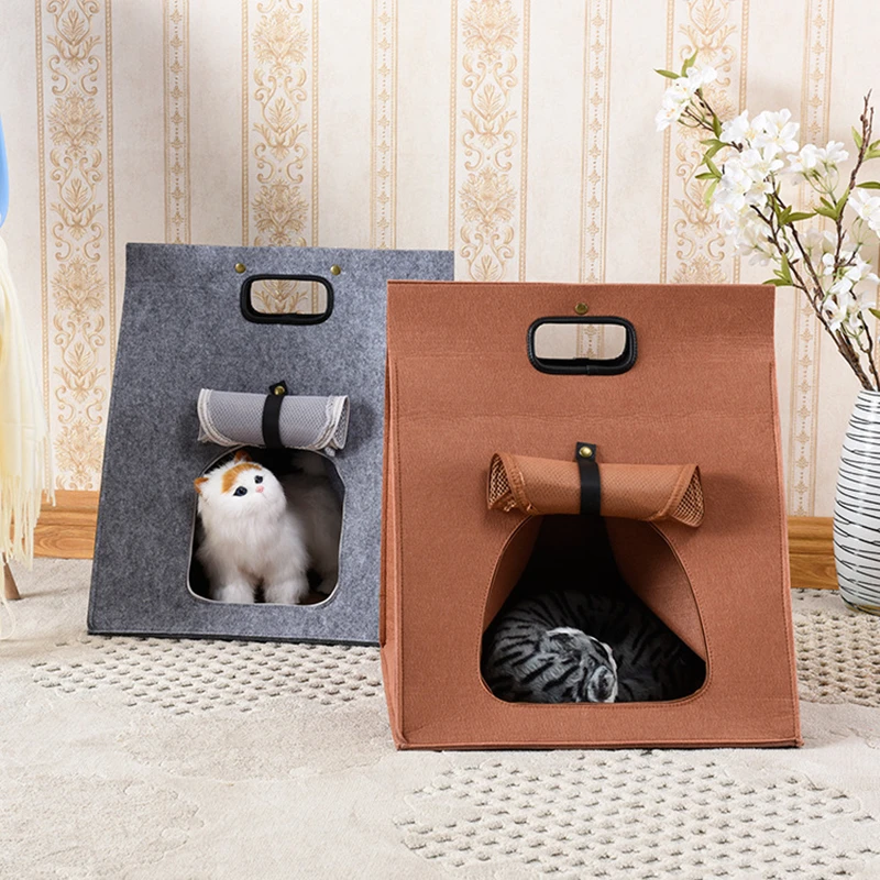 Bolsa portátil de fieltro para gato, casa para salir, cama para mascotas, bolsa de transporte para gato con asa, perrera, bolsa de transporte para cachorros y perros pequeños