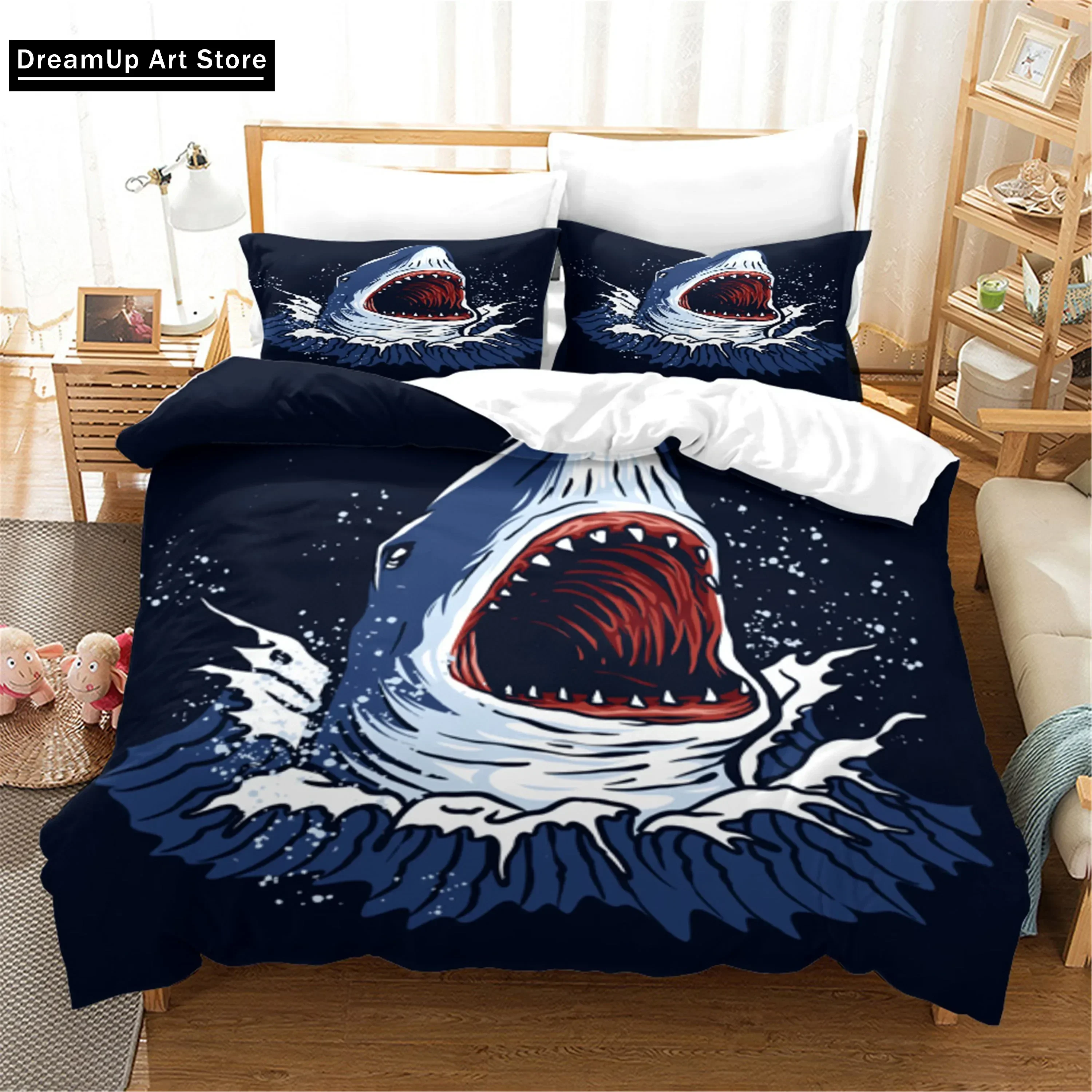 3D Blue Ocean Sharks Bedding Set Cute Quilt Cover Bed Cover With Pillowcase Twin Single Queen King Size Boys Adult Home Textile