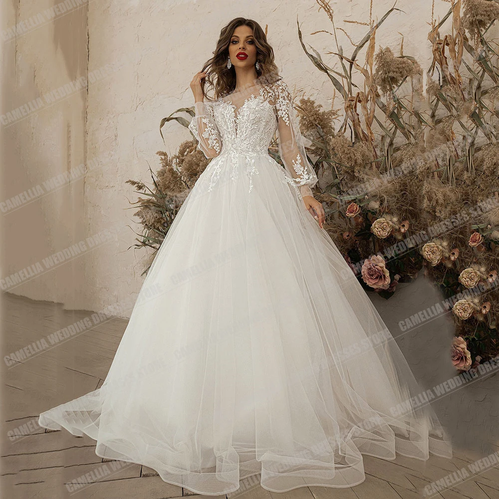 Vestidos de casamento de tule para mulheres, vestidos de noiva formais, princesa de manga comprida, elegante e luxuoso, boêmio