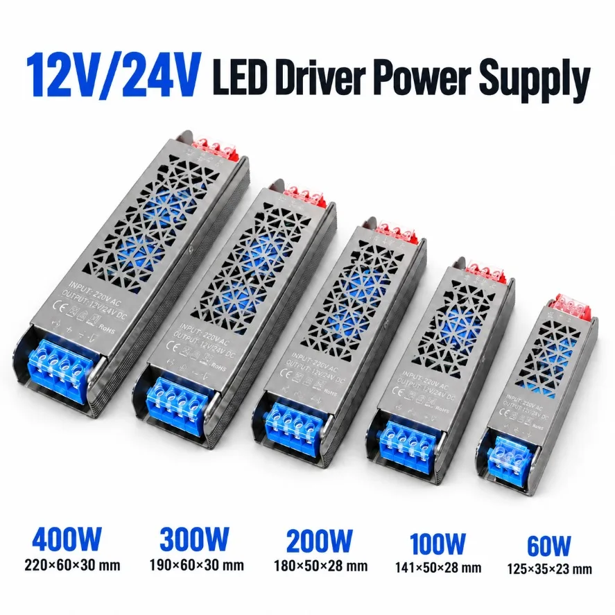 Slim Thin AC220V to DC12V 24V LED Driver Power Supply 60W 100W 200W 300W 400W Switching Transformer for LED Strip Light