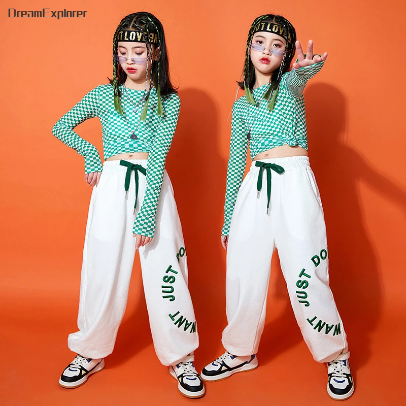 Girls Hip Hop Crop Top Plaid Sweatshirt Joggers Clothes Sets Kids Elegant Street Dance Pants Children Cool Streetwear Costumes