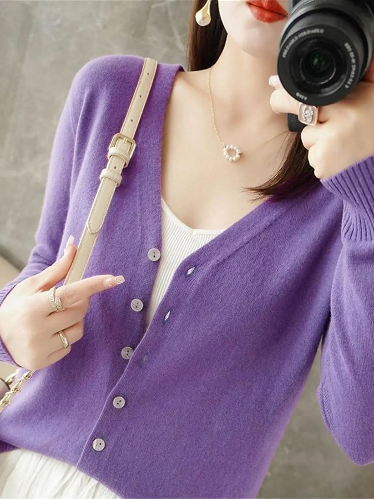 LDZWSM Women V-Neck Knitted Casual Loose Full Sleeve Sweaters Cardigans Lady Knitting Outwear