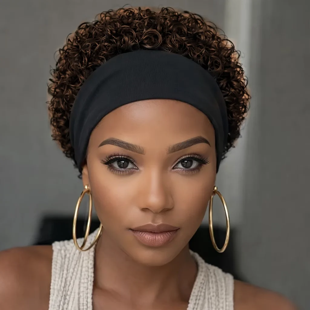 

Short Afro Kinky Curly Human Hair for Women with Machine Made Headbands Wig