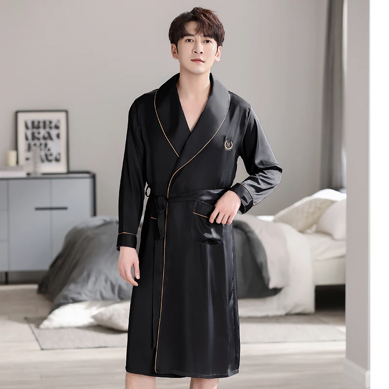 Mens Silk Satin Pajamas Sleepwear Robe Long Sleeve Robes Bathrobe V-Neck Nightgown