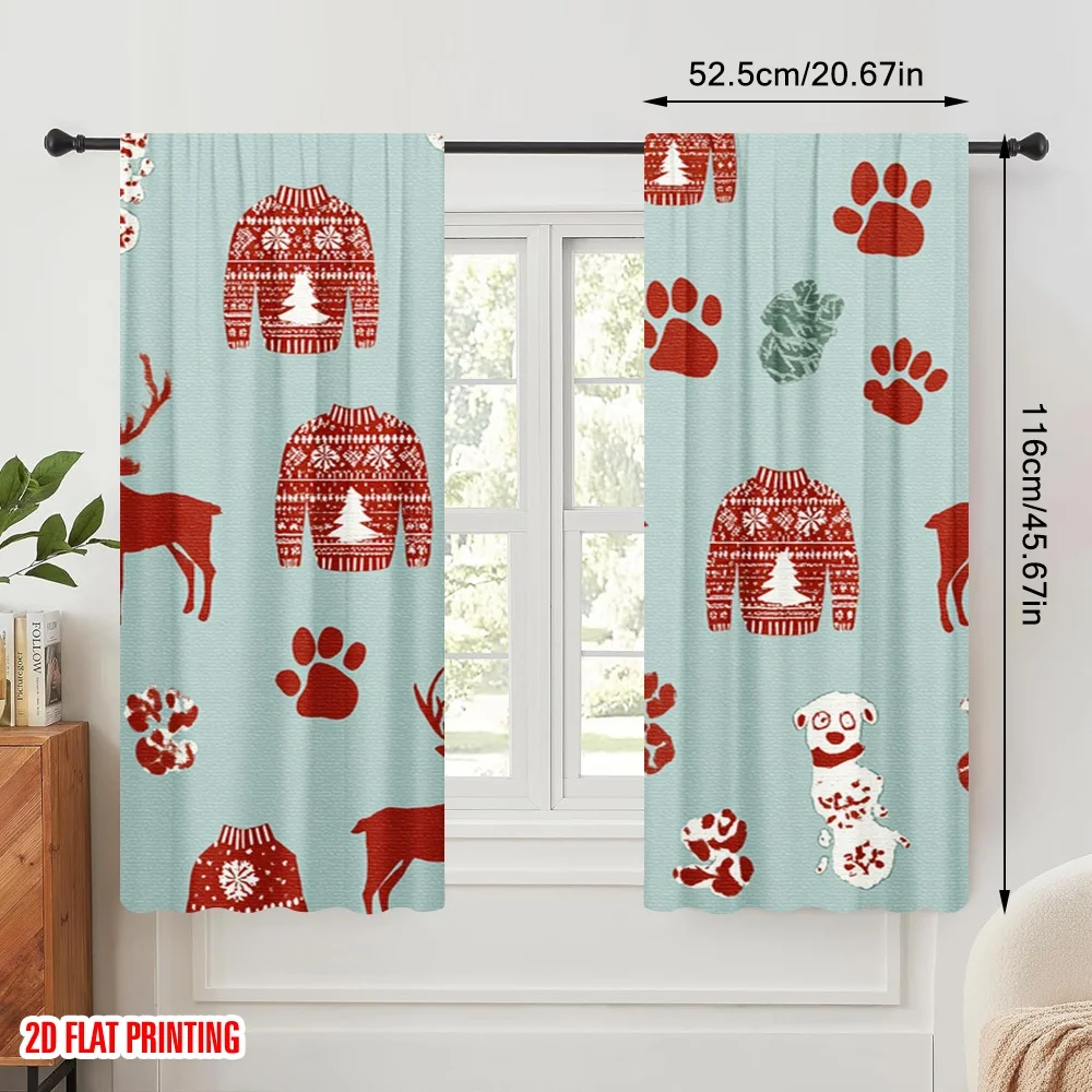 2pcs,2D plane printing Creative Curtains Dog with Holly Berry Durable 100% Polyester Fabric (without rod) Versatile All Use for