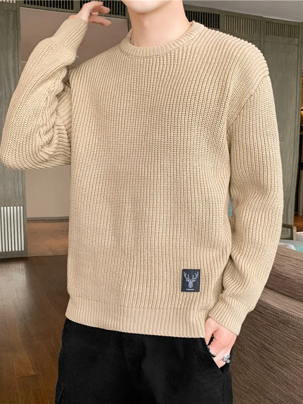 

Мужской вязаный свитер с круглым вырезом, однотонный, базовый слой, для подростков и студентов, простой, теплый, повседневный, из полиэфирного волокна, длинный рукав