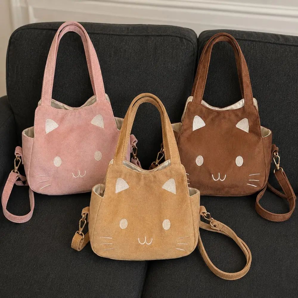 Stylish Suede Shoulder Handbag Large Capacity Adjustable Straps Tote Bag Commuting Cat Pattern Underarm Handbag Woman