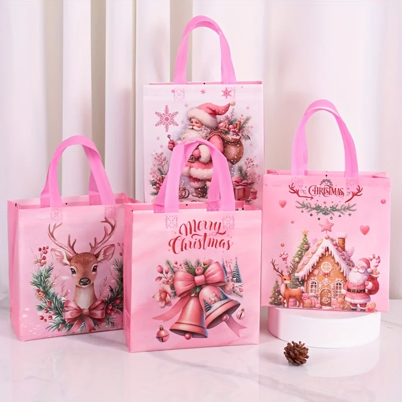 4/8 قطعة أكياس حمل عيد الميلاد الوردي مع مقابض ، سانتا كلوز الأيائل جرس نمط حقيبة هدايا قابلة لإعادة الاستخدام ، حقيبة تسوق البقالة ، التعبئة والتغليف الوردي