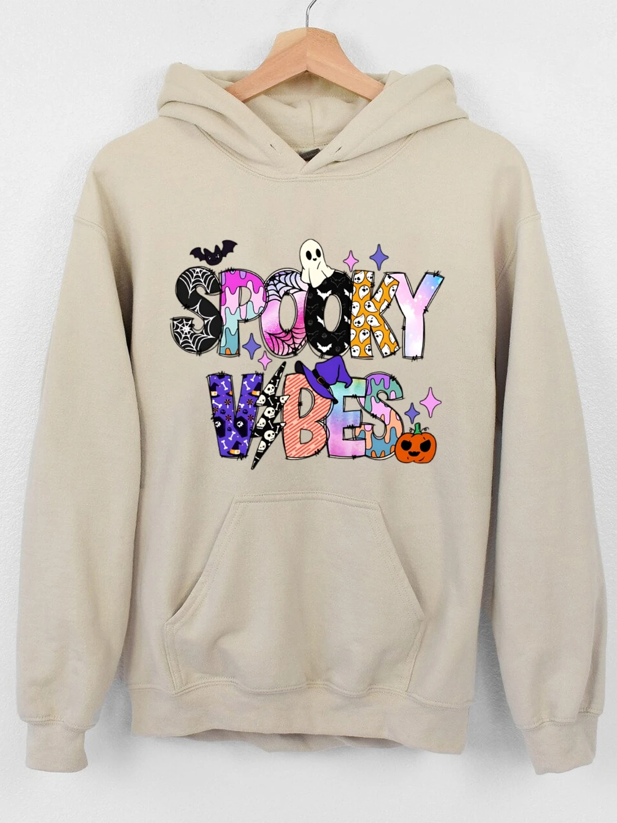 Zwaargewicht katoenen hoodies Halloween-patronen Lichtgewicht katoenen sweatshirt met capuchon - Ademende stof met contrasterende stiksels