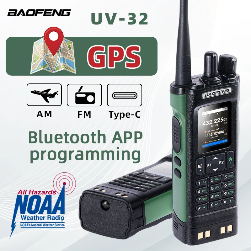 BAOFENG UV32 Walkie Talkie GPS Multi Band AM FM Bluetooth Wireless Programming Copy Frequency NOAA Long Range Ham Two Way Radio