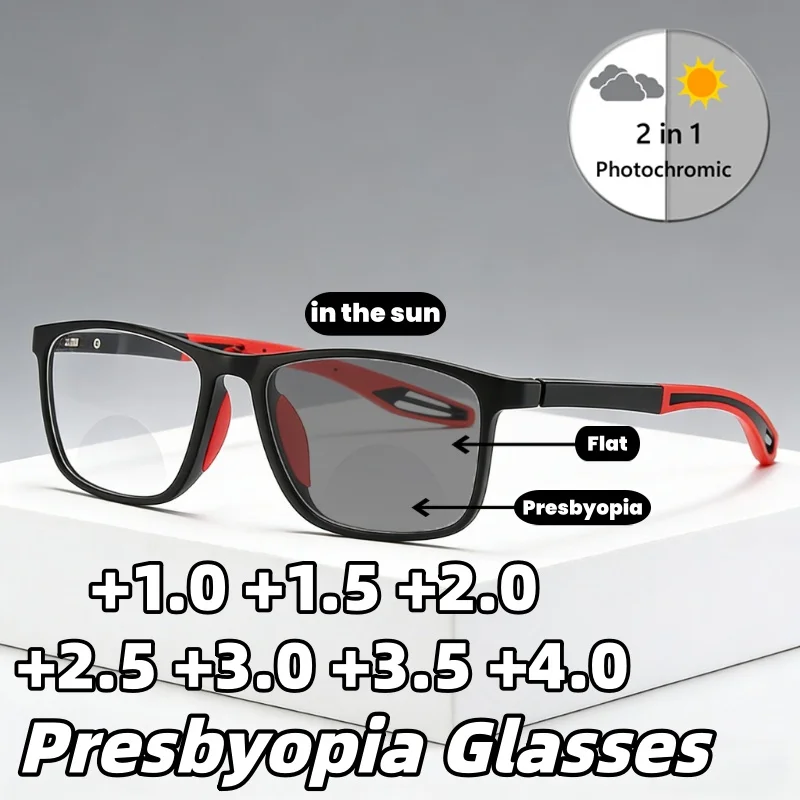 

New Sports-Style Photochromic Anti-Blue Light Reading Glasses High-Definition Ultra-Lightweight TR90 Bifocal Presbyopia Eyewear