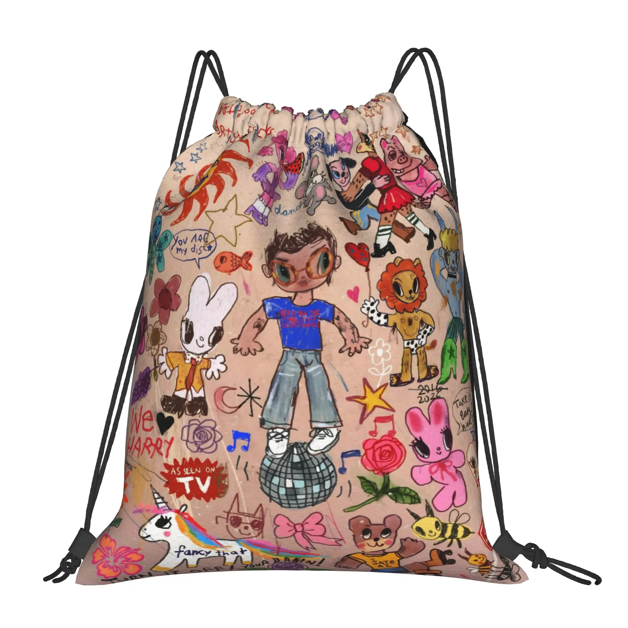 Kiss All The Time Cartoon Drawstring Backpack Sports Gym Bag Harrys Music Styles String Sackpack for Cycling 36cm (W) x 43cm (H)