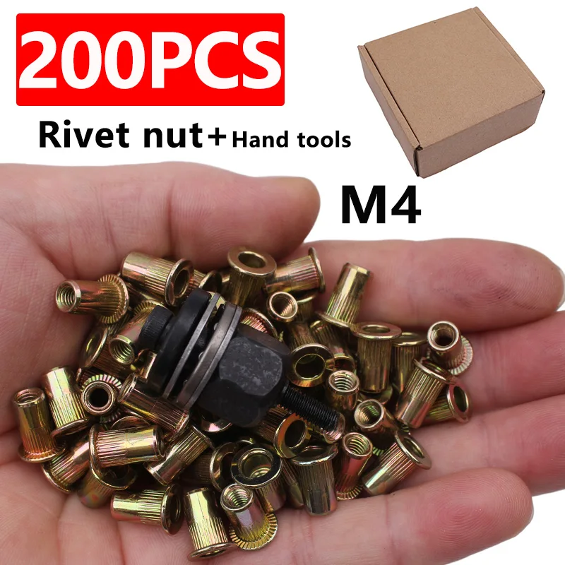 200Pcs M4 Individually Packaged Galvanized Flat Head Threaded Insert Rivet Nuts Suitable for Furniture, Decoration, Automotive, Marine, and Industrial Applications