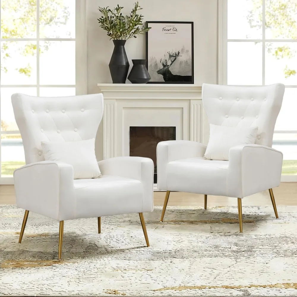 

Velvet Accent Chairs Set of 2, Arm Chair with High Wingback&Button-Tufted,Armchairs with Gold Metal Legs, Lumbar Pillow Included