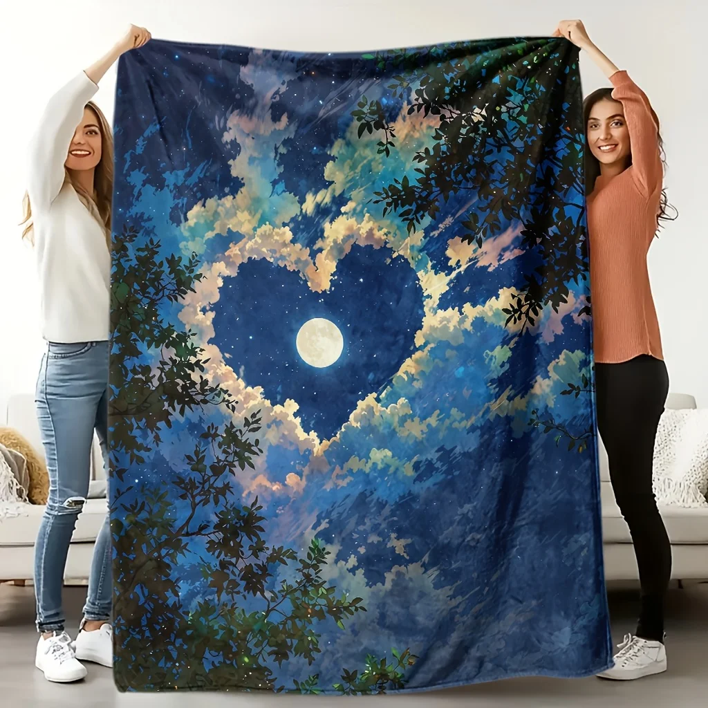 1pc Starry Night Heart Print Flannel Throw Blanket - Soft, Breathable Polyester, Contemporary Fantasy Design with Full Moon