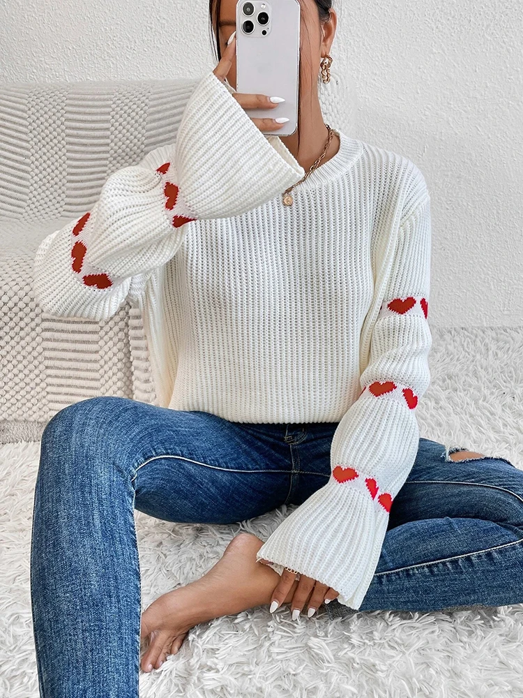 

Fashionable and elegant sleeve small heart top women's knitted sweater round neck solid color