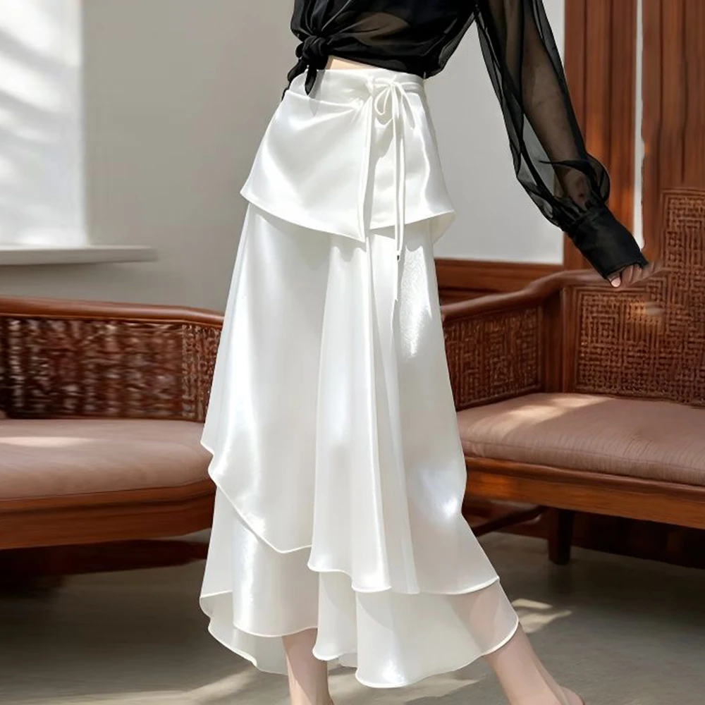 

2026 new summer high-end fashionable a-shaped skirt, pear-shaped figure covering hips, white irregular splicing skirt