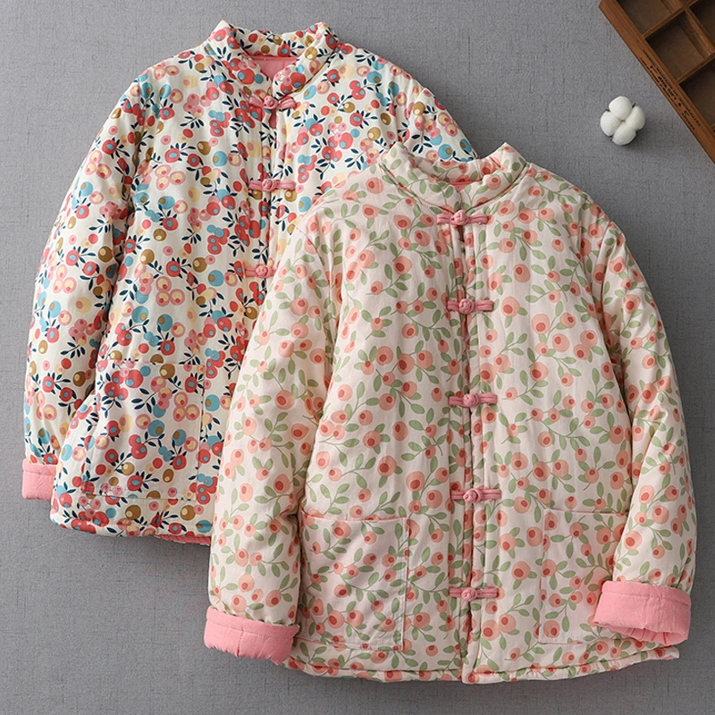 

Thickened Handmade Print Cotton Jacket Women's Fashion New Style Loose Floral Embroidery Button up Winter Coat Sweet Style