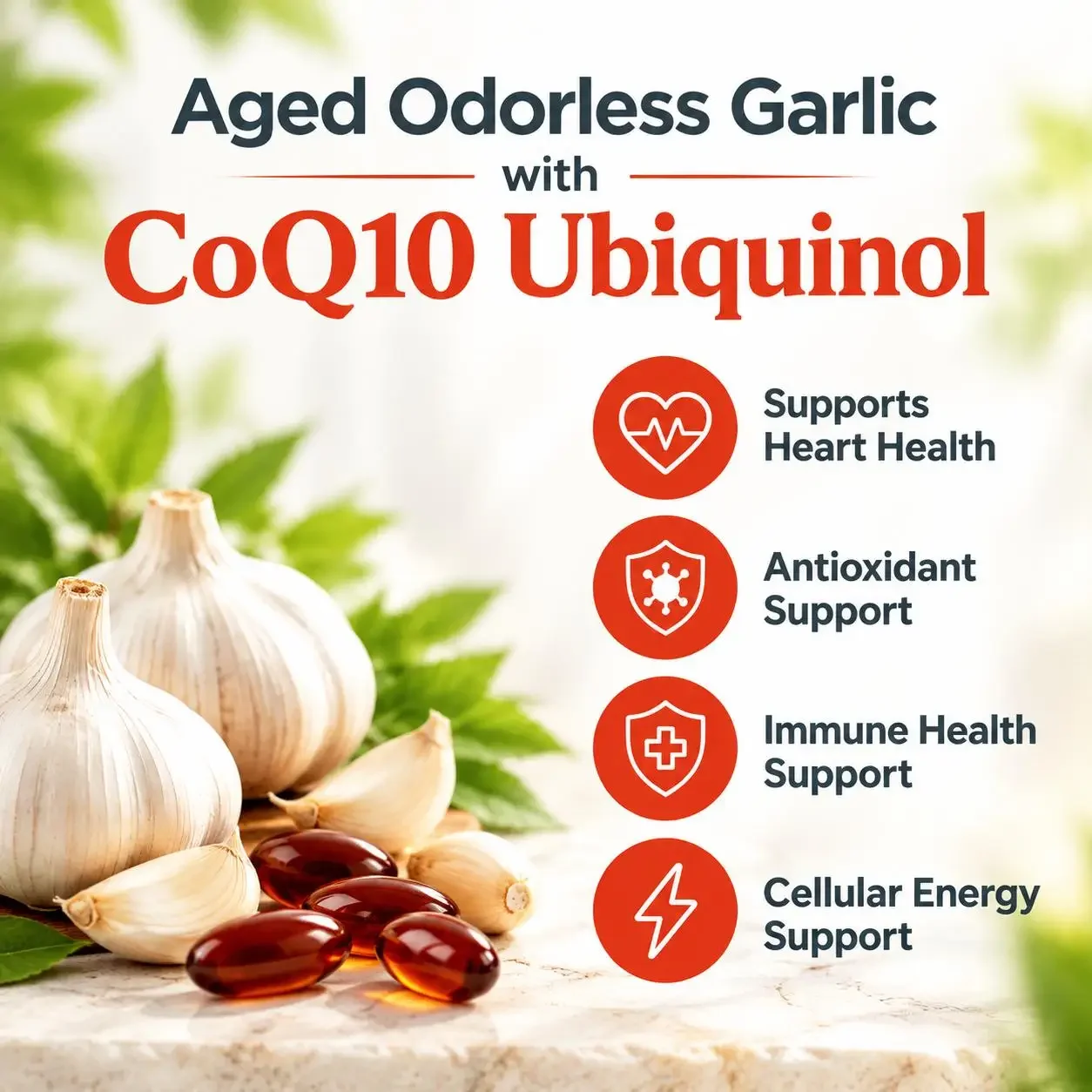 Odorless Aged Garlic Softgels 600mg CoQ10 Ubiquinol Vitamin K2 60CT Standardized S-Allyl Heart Health Immune Antioxidant Support