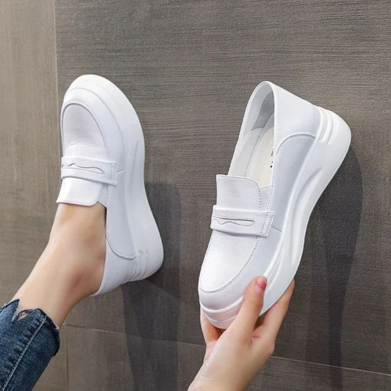

Women's White Leather Loafers Spring Summer 2025 Soft Cushioned Thick Sole Luxury Casual Shoes​